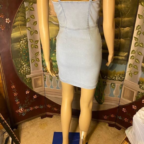 Baby Blue Denim Bodycon Mini Spaghetti Strap w/Top Laced Up Small - Picture 7 of 12